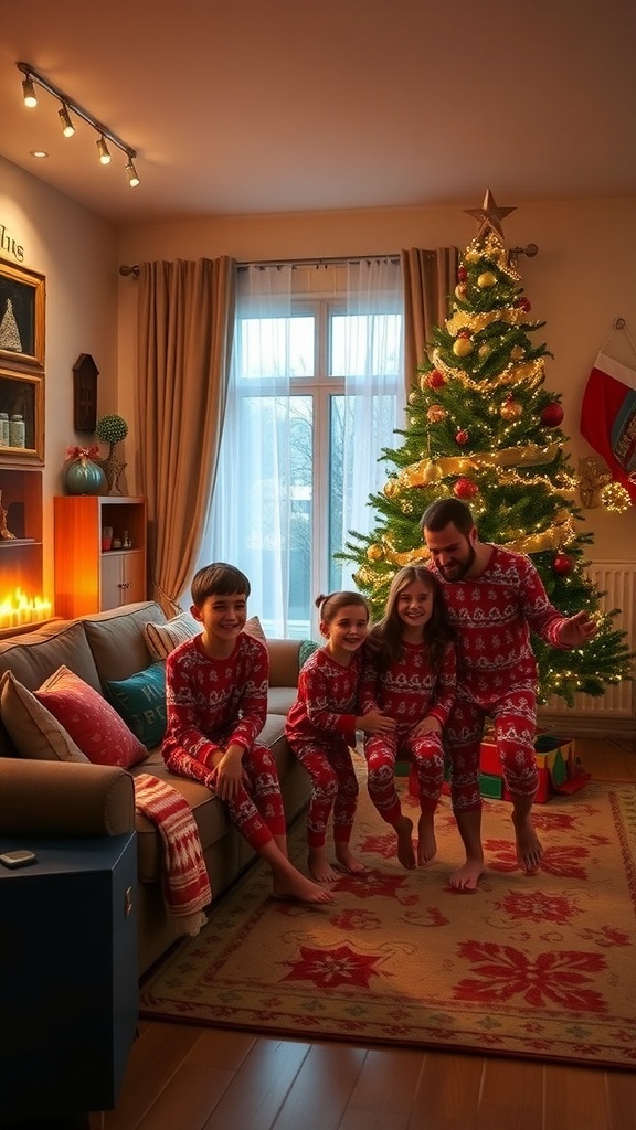 Cozy Christmas Pajama Outfits Family in matching Christmas pajamas by a decorated tree, cozy living room.